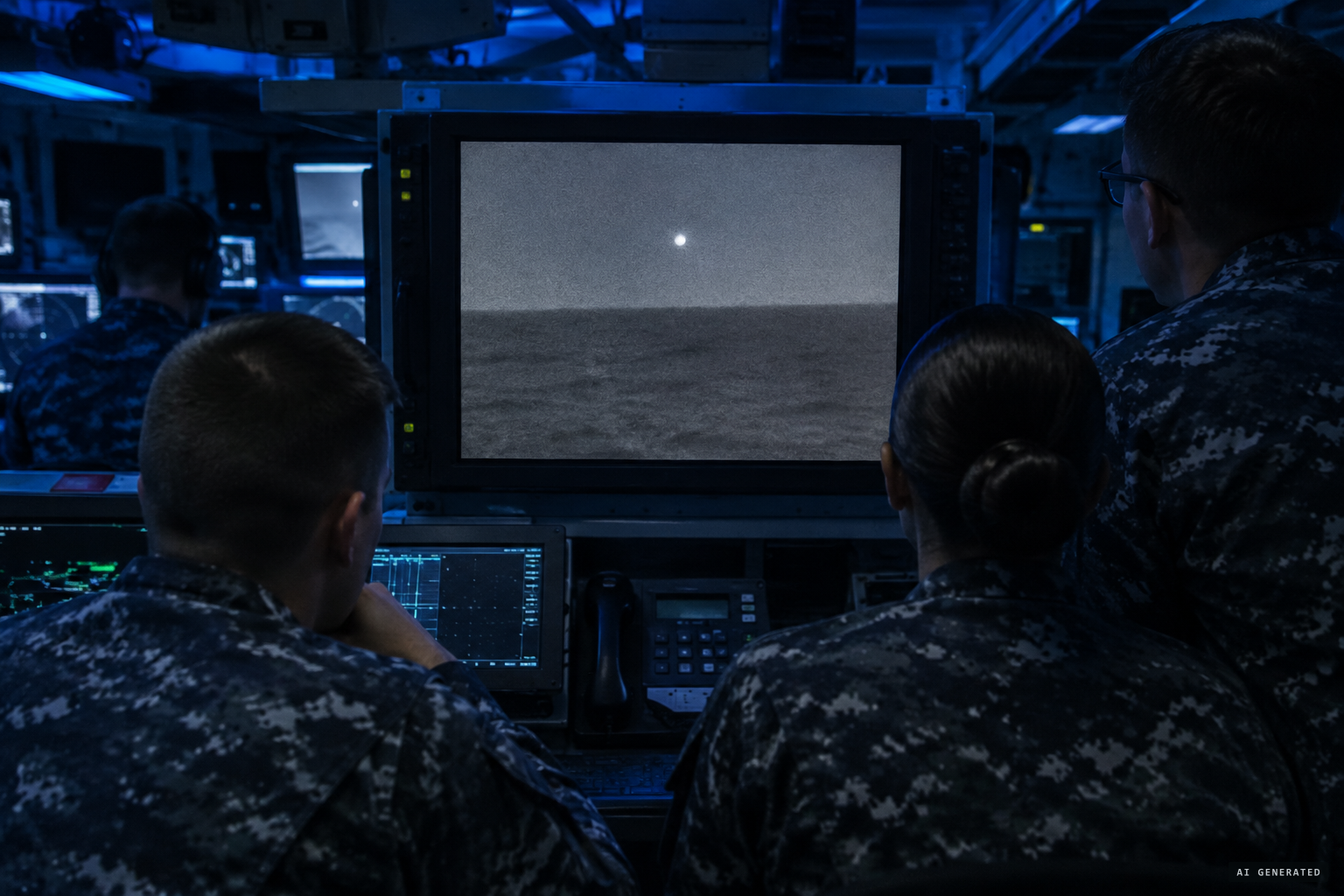 USS Omaha crew watch a sphere on the infrared screen