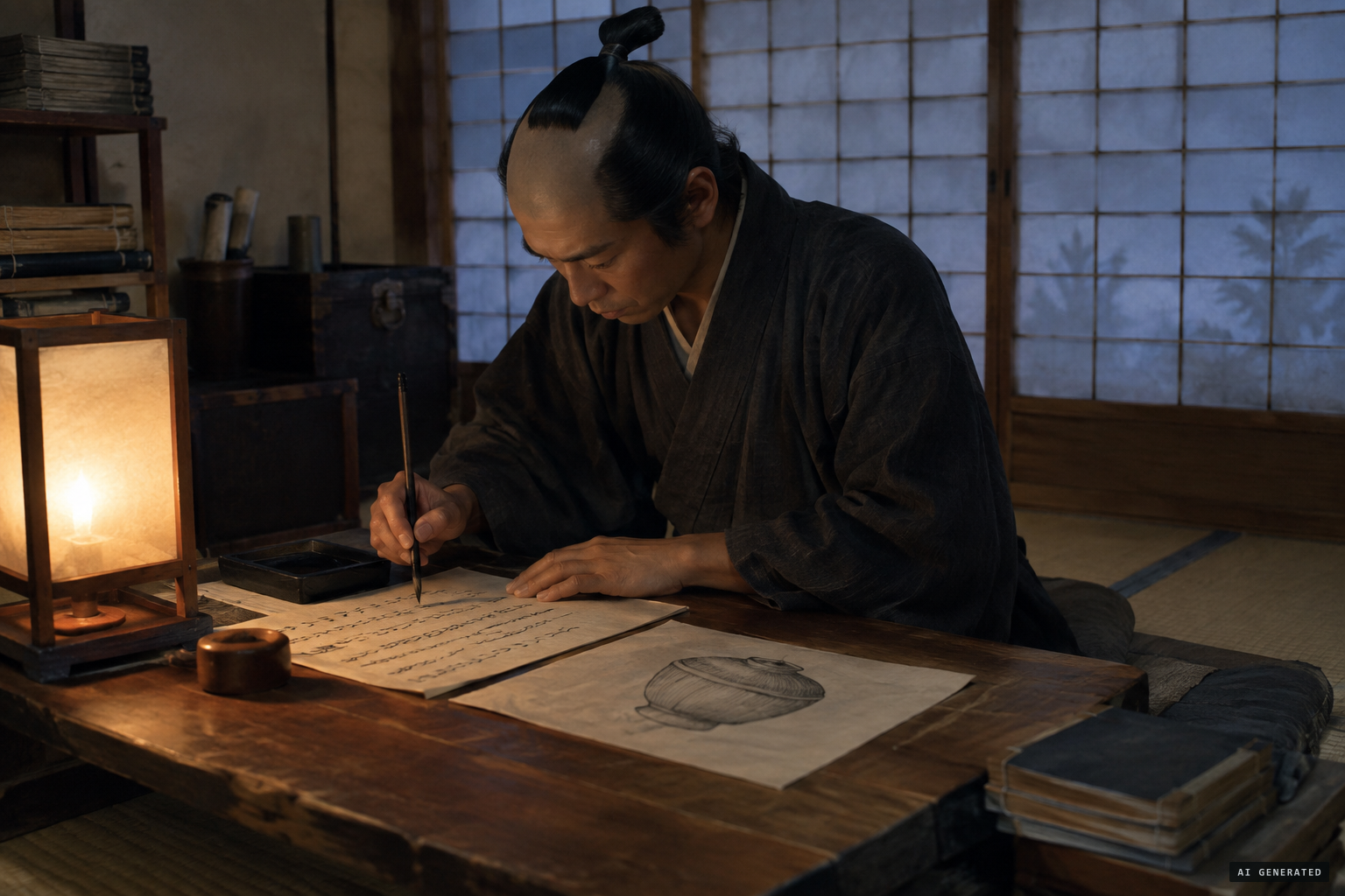 Scholars in Edo compiling the manuscripts that preserve the story