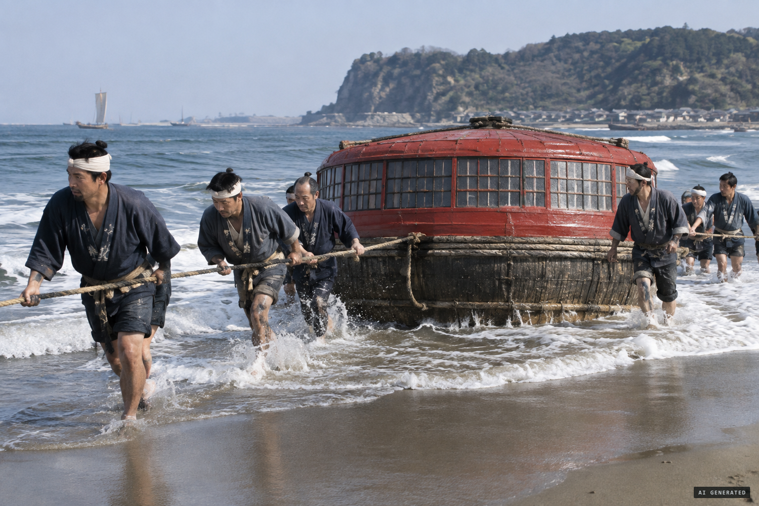 The vessel is towed onto the beach