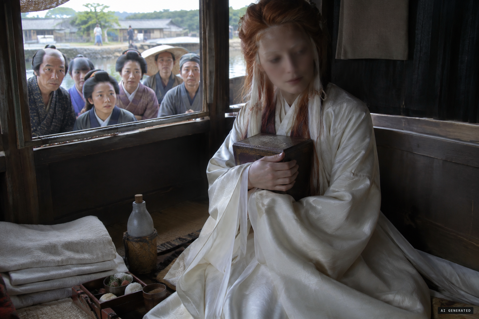 The occupant: a pale, red-haired woman holding a square box