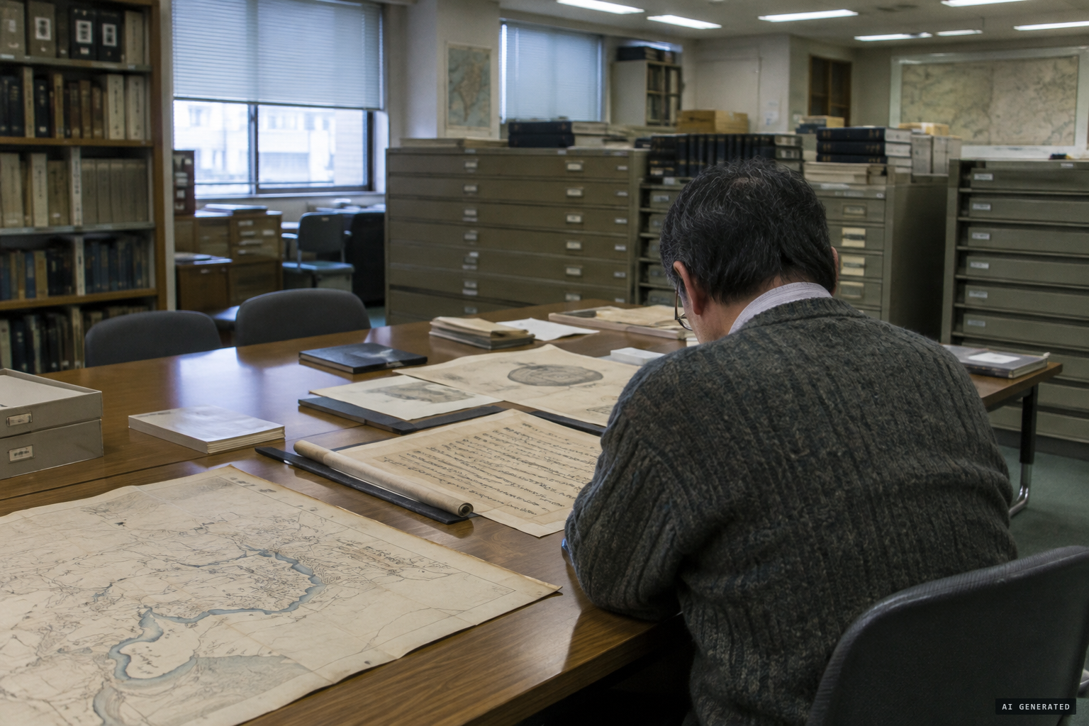 Folklorist Tanaka Kazuo searching period maps for the beaches