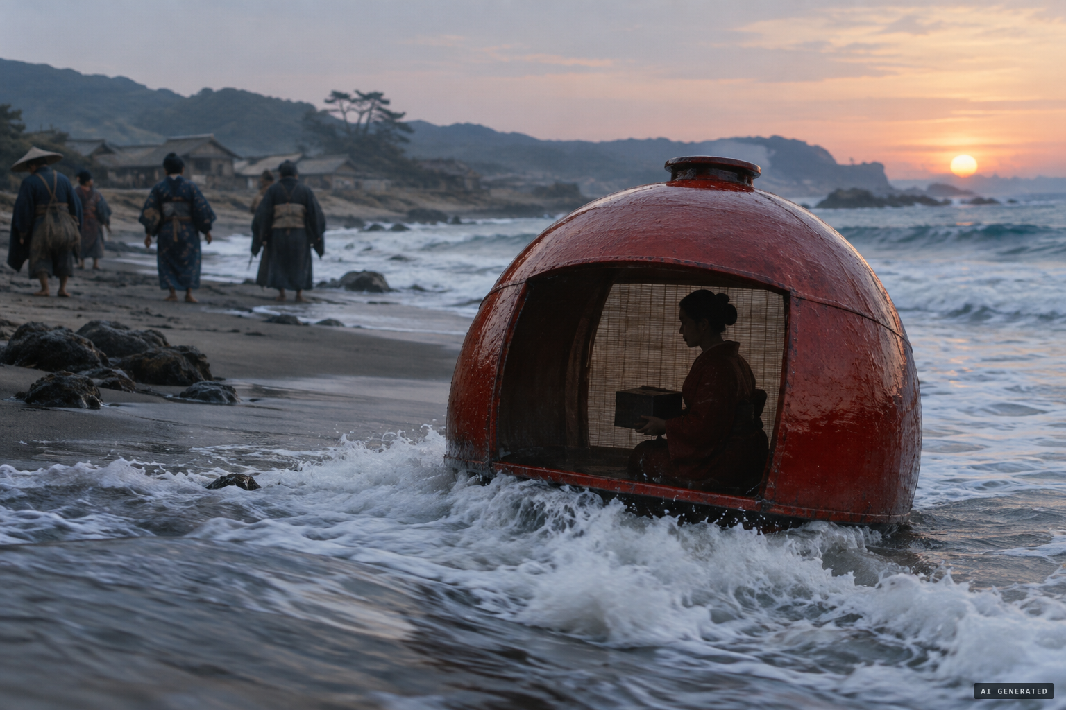 A lacquered dome in the surf, a woman holding a box