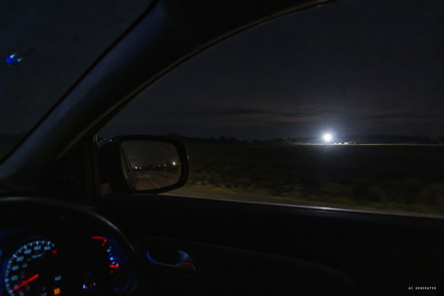 A bright light seen through the side window, too bright to be ordinary vehicle lights