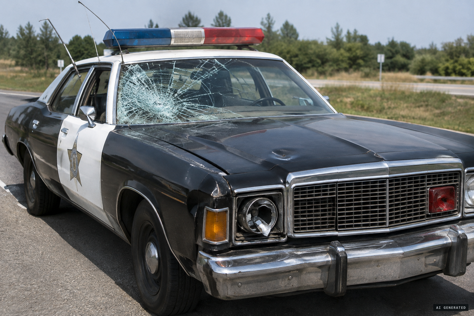 The damaged squad car: smashed windshield, dented hood, broken lights, bent antennas