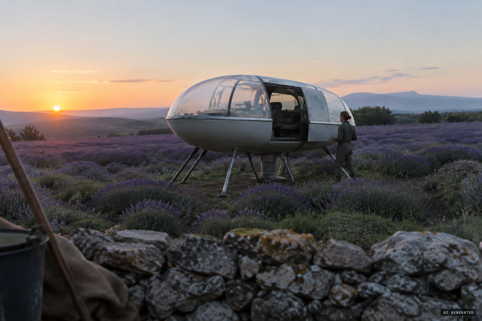 The rugby-ball-shaped machine standing on six legs at l'Olivol