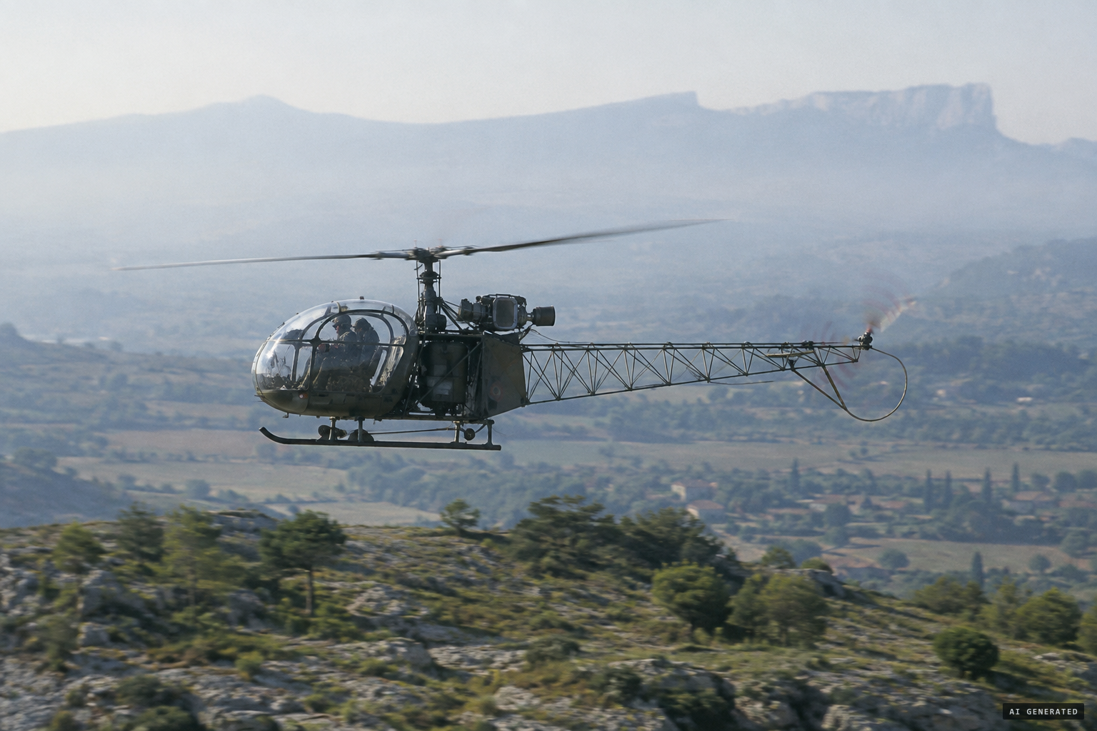 The helicopter explanation: an Alouette II over the plateau