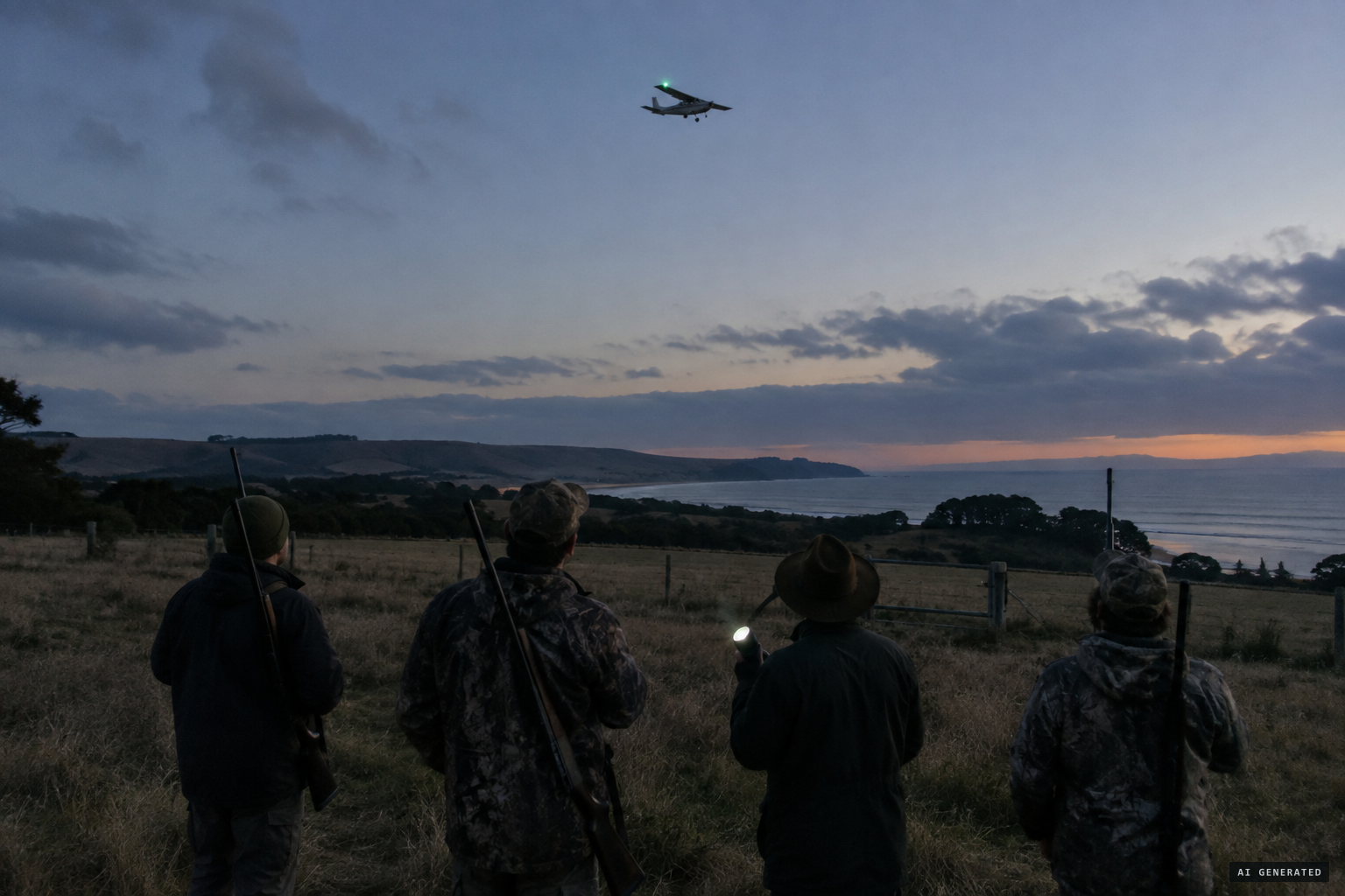 Hunters near Apollo Bay see a greenish light riding on top of the plane
