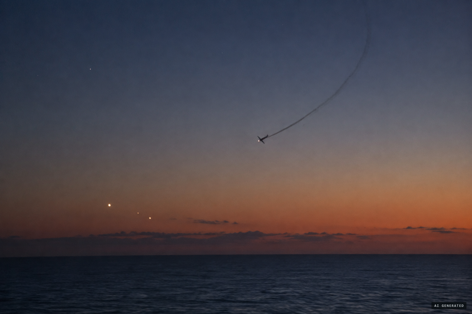 A graveyard spiral at dusk, with planets and a star mistaken for lights