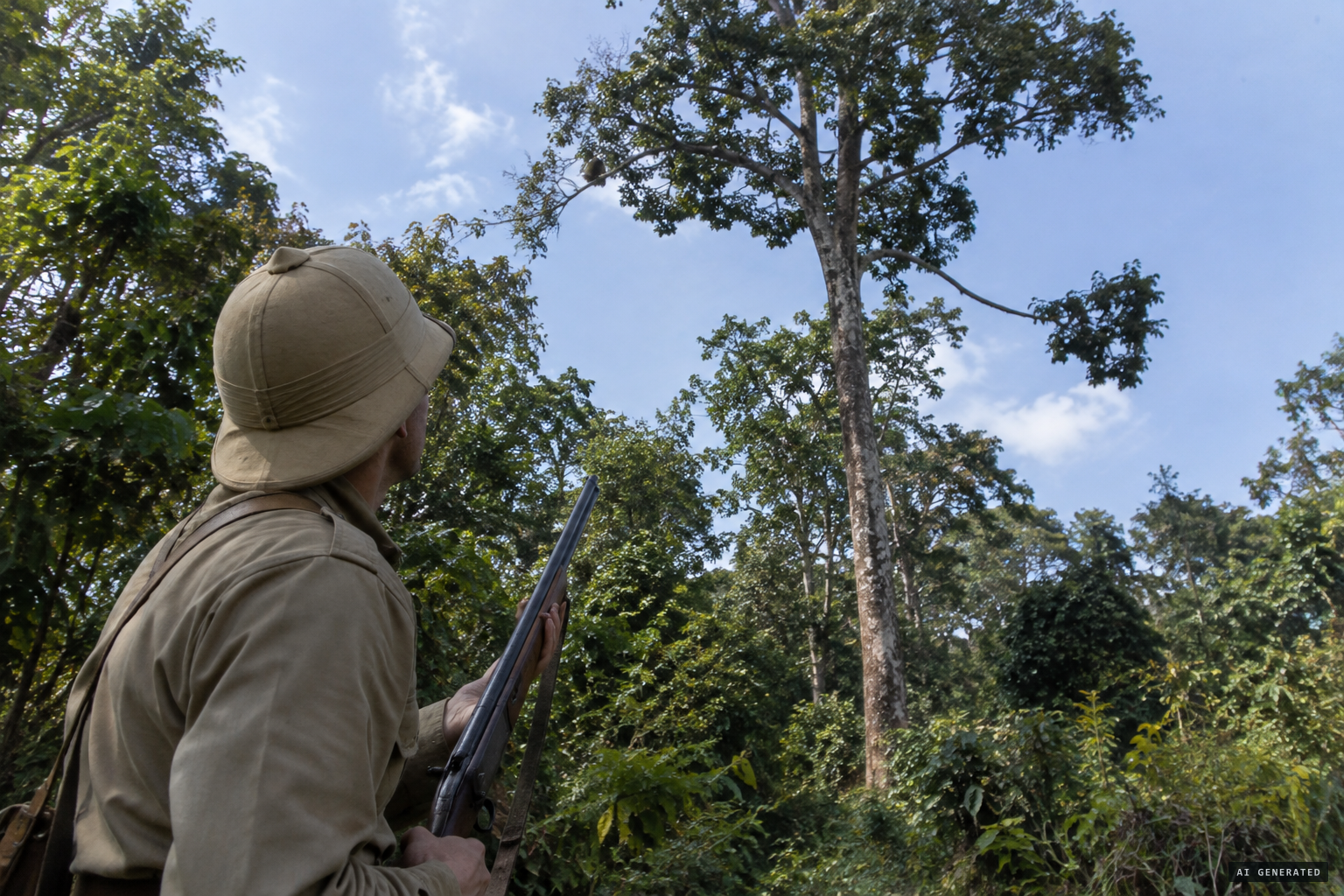 Hunting wild pig on Poeloe Rimau, van Herwaarden notices a movement in a lone tree