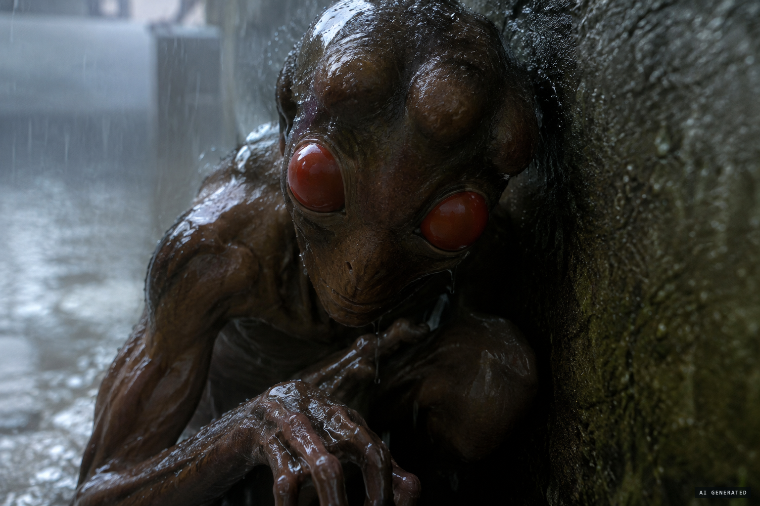 The being: oily brown skin, three bumps on its head, big red eyes with no pupils
