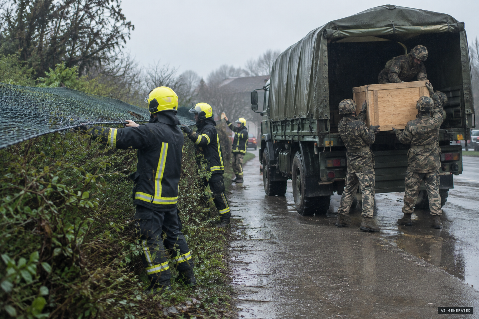 The alleged capture: firefighters net a creature and the Army carries it off in a crate