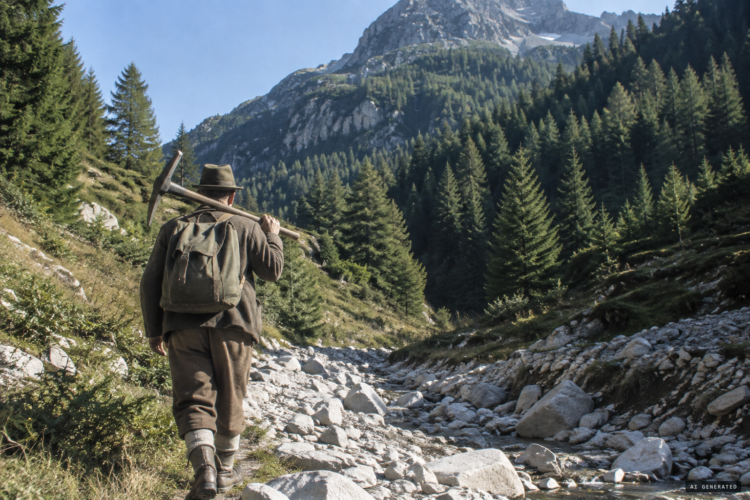 Johannis walks beside a dried-up stream below Col Gentile with his pick, 14 August 1947