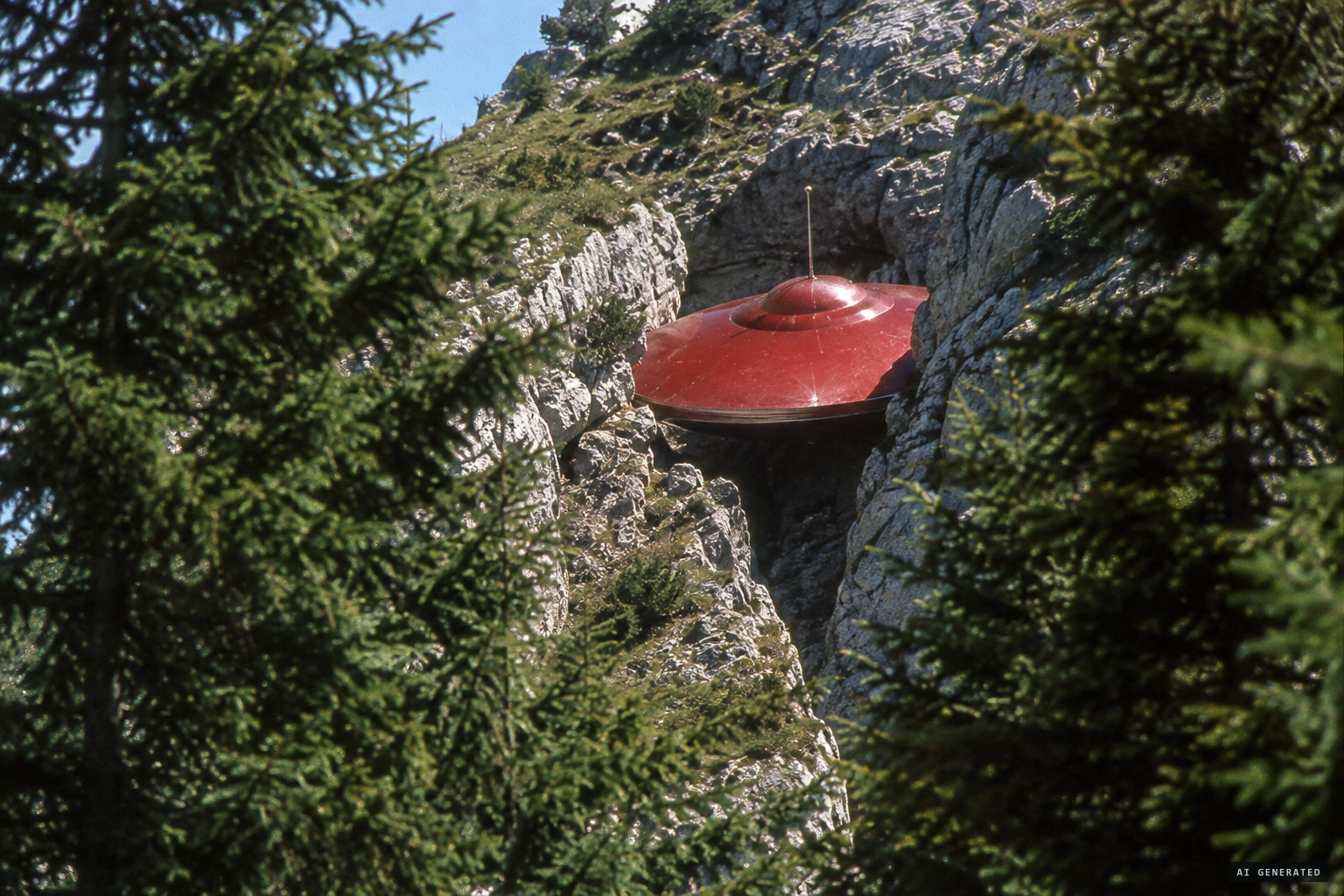 The large red lenticular object wedged in a mountain crevice, with its cupola and telescopic antenna