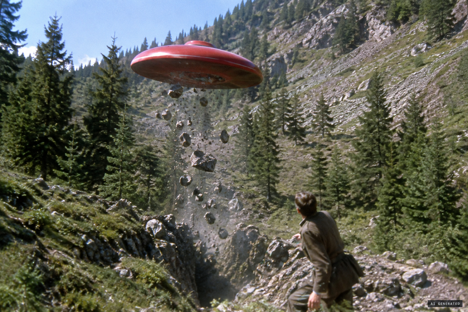 The disc rises out of the ravine on its edge, dragging stones, and hovers close to him