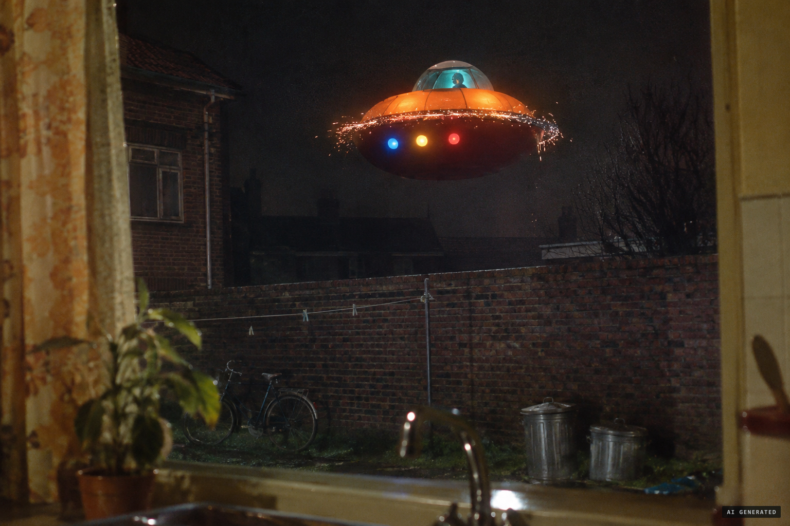 A round orange and claret craft with the humanoid in its cupola appears beyond the wall