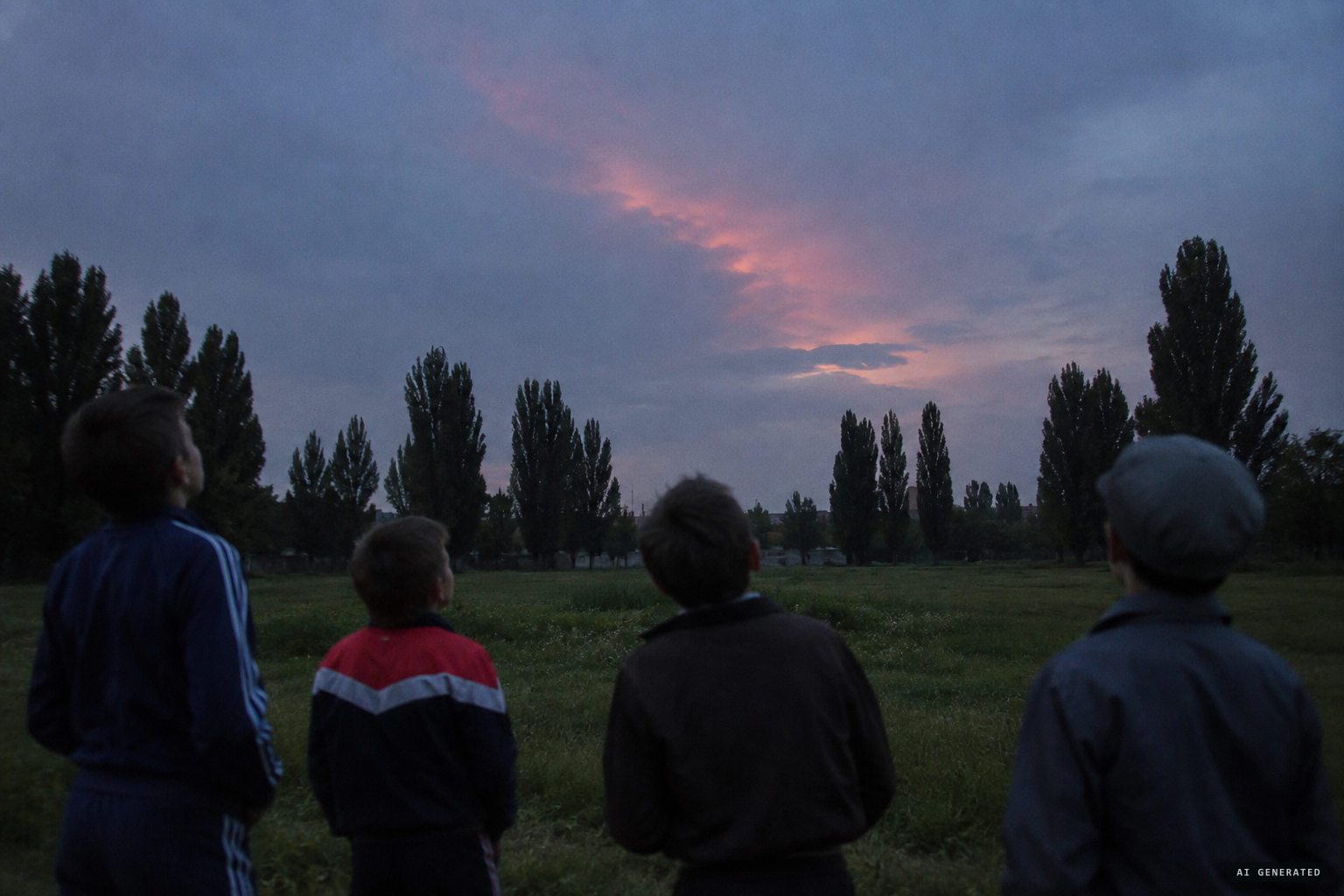 Around 6:30 p.m. the boys see a pink glow in the sky over the park