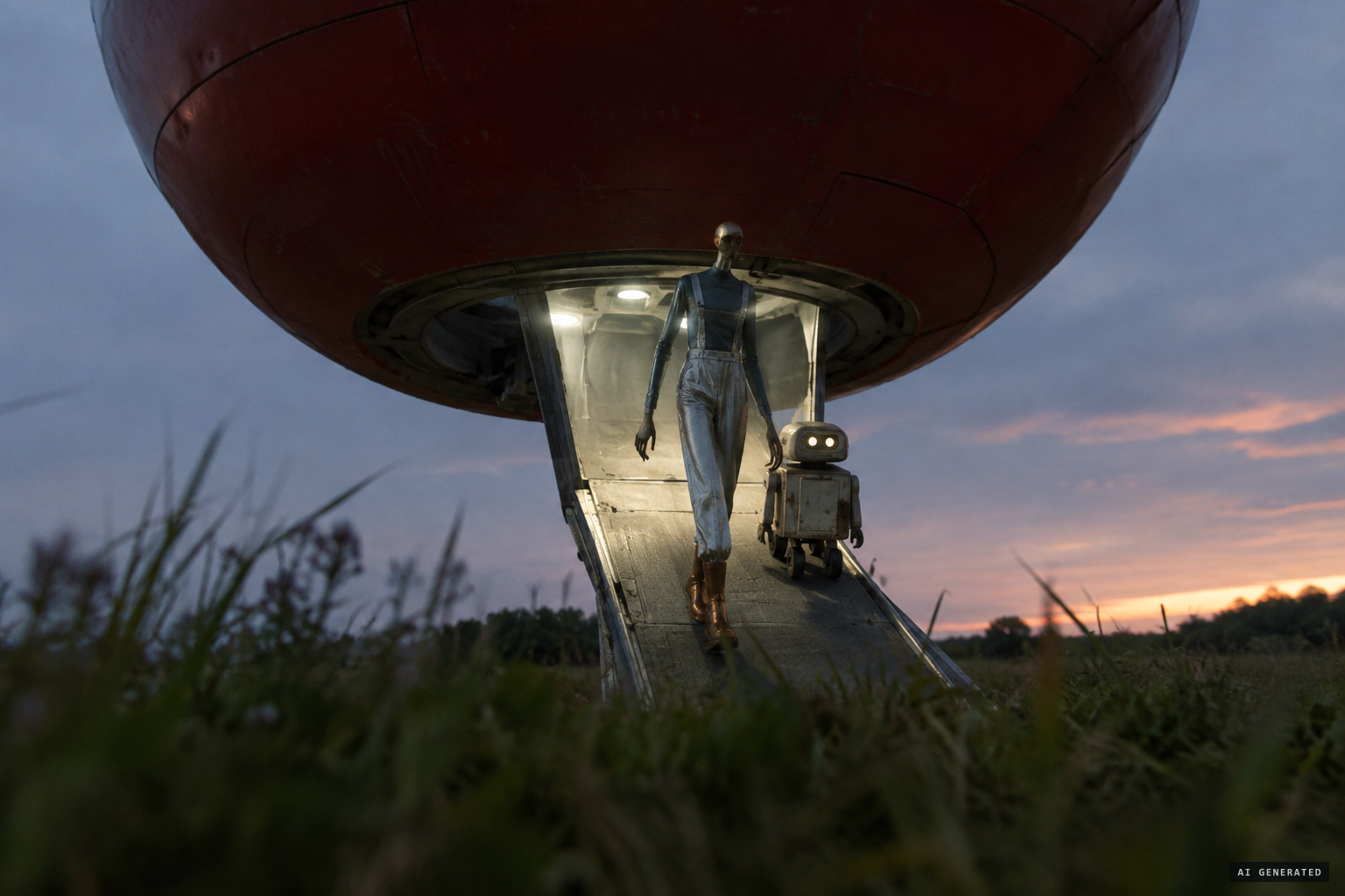 A hatch opens and a three-meter being in silvery overalls steps out with a small robot