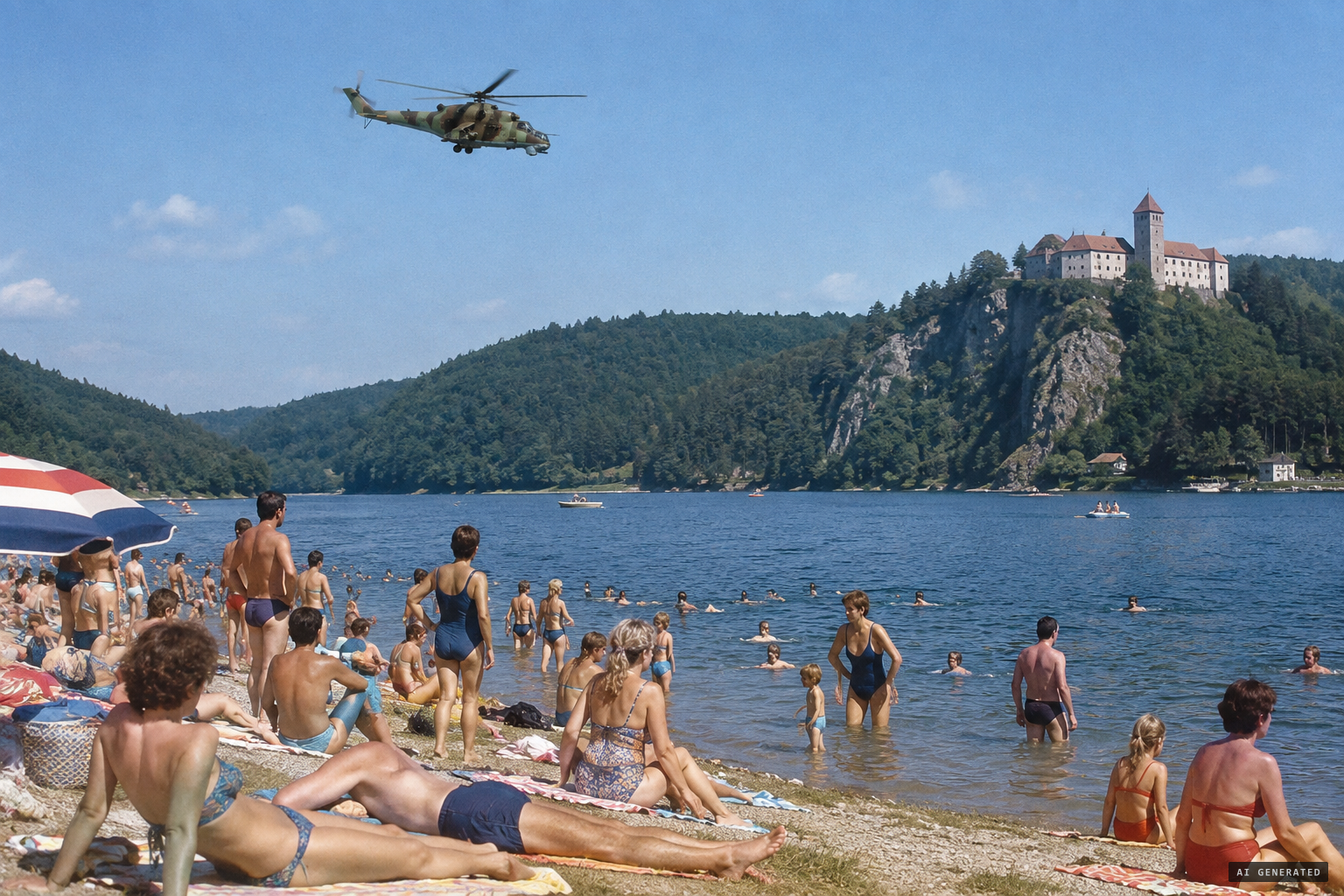 Sunday at the crowded Vranov Reservoir as a Mi-24 patrols nearby