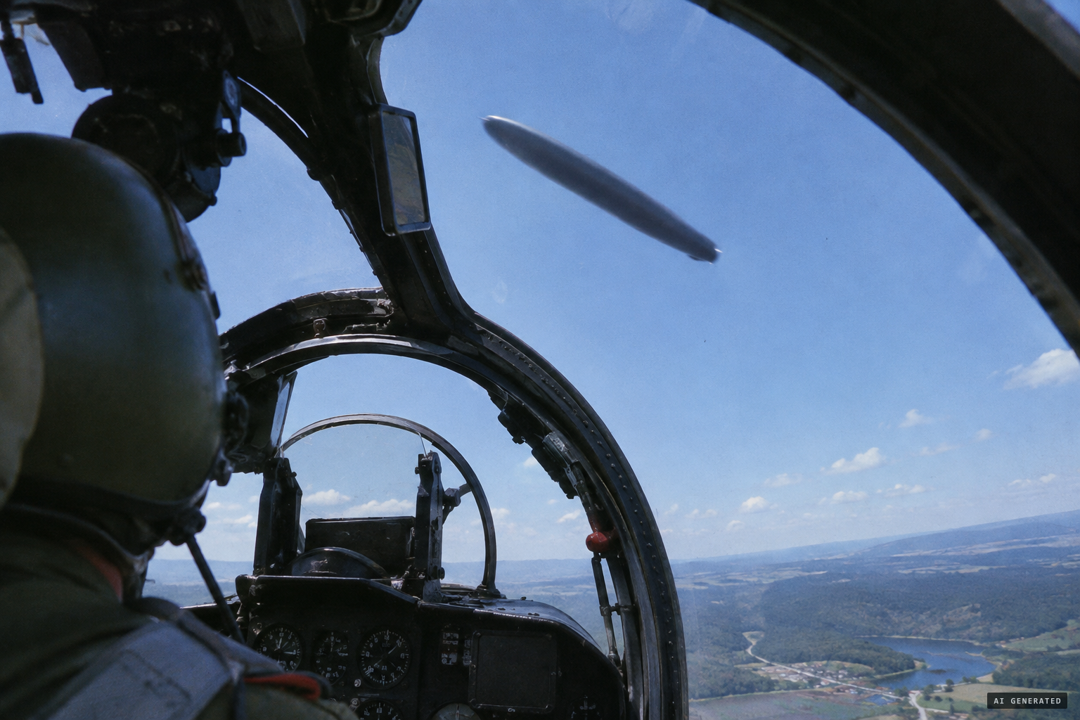 A dark cigar-shaped object flies over the helicopter