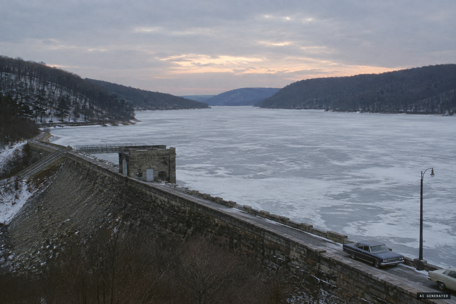 The frozen Wanaque Reservoir behind the Raymond Dam, January 1966