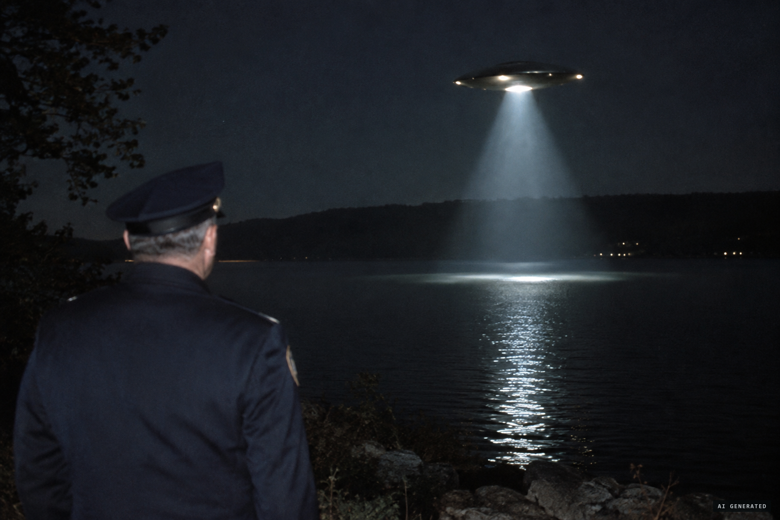 Chief Casazza watches an elliptical object cast a funnel-shaped beam