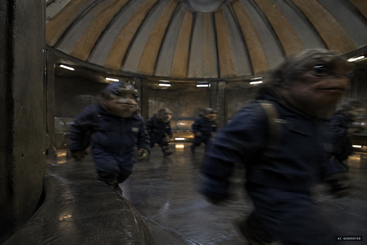 The small circular chamber and the stocky beings in blue coveralls