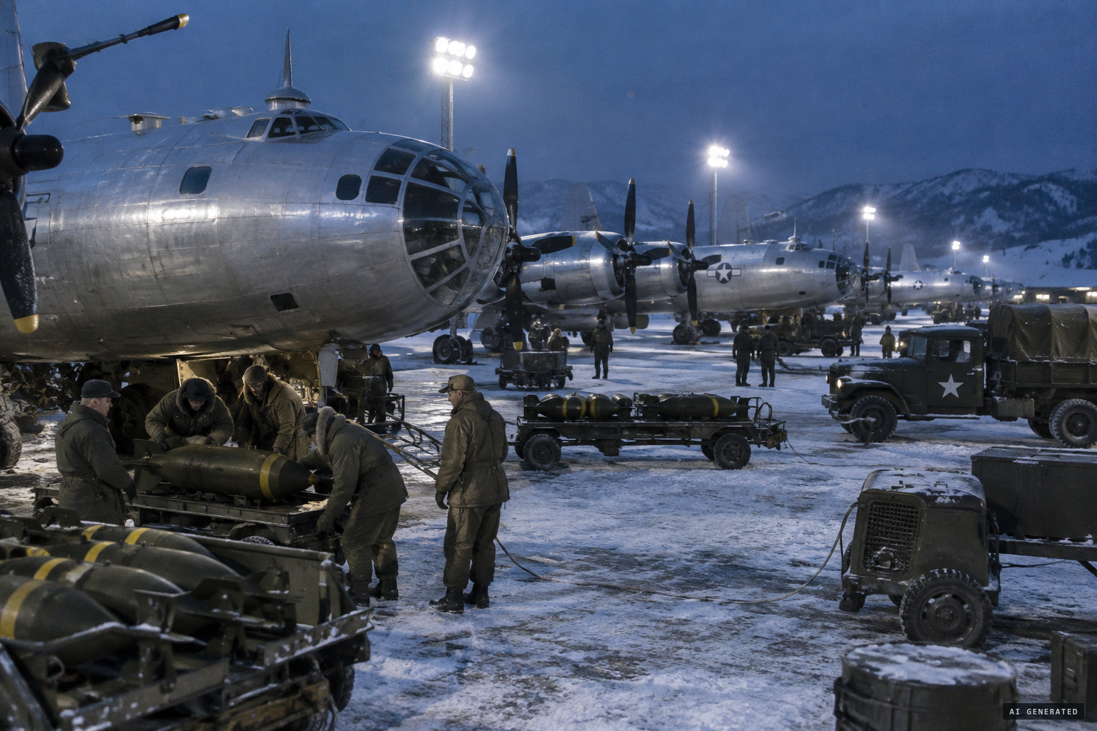 B-29 bombers prepare for night missions deep into North Korea