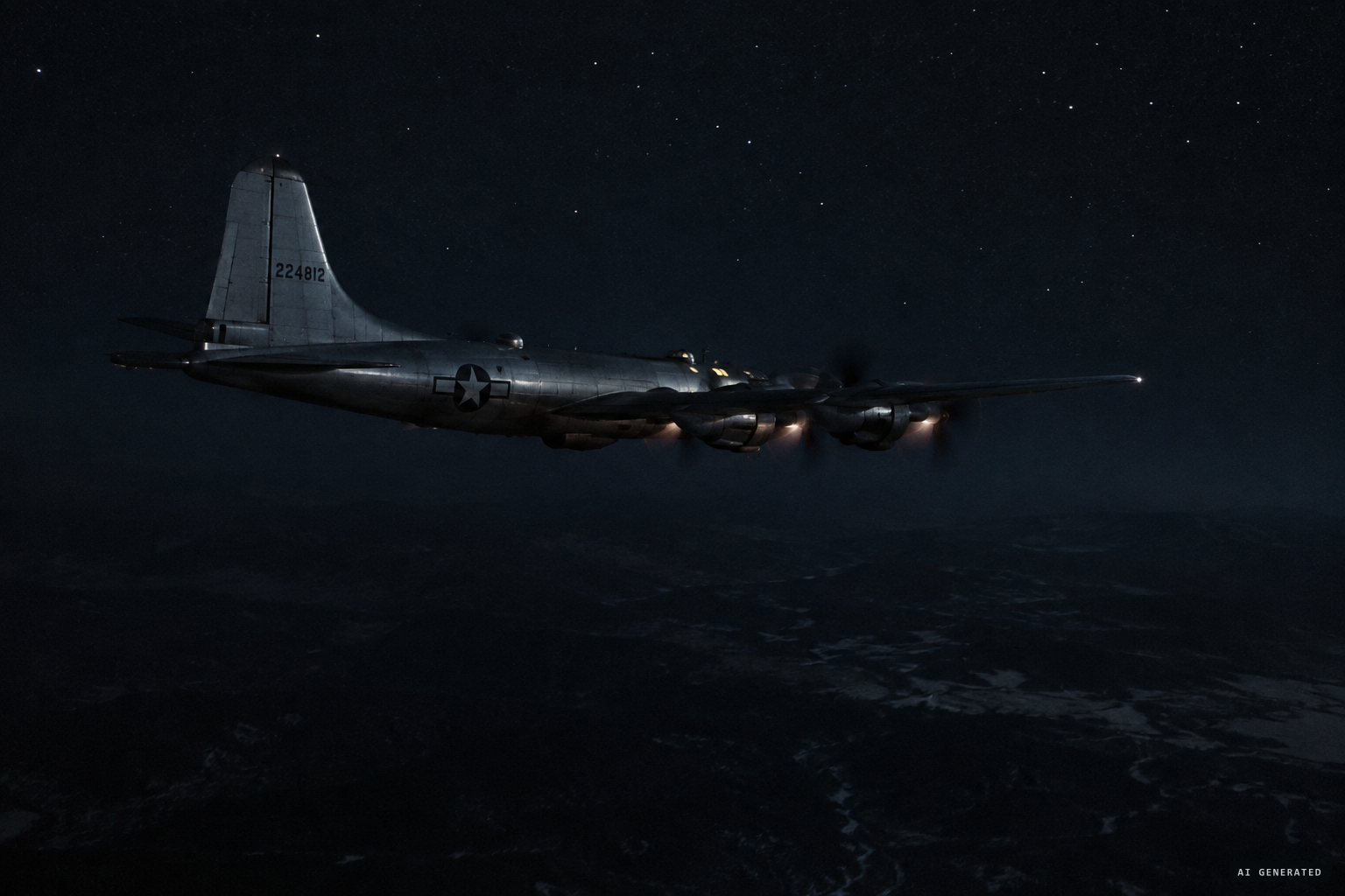 A B-29 cruises above 20,000 feet near Wonsan just before midnight
