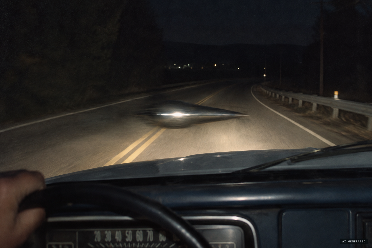 A charcoal-colored, lamp-shaped object swerves in front of the truck