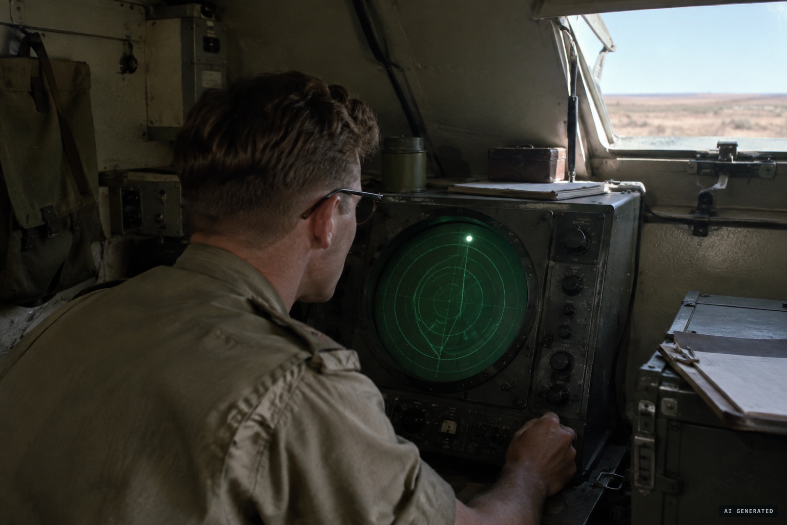 The AA No. 4 Mk 6 radar operator at Post R sees an unidentified target approaching from 60,000 yards