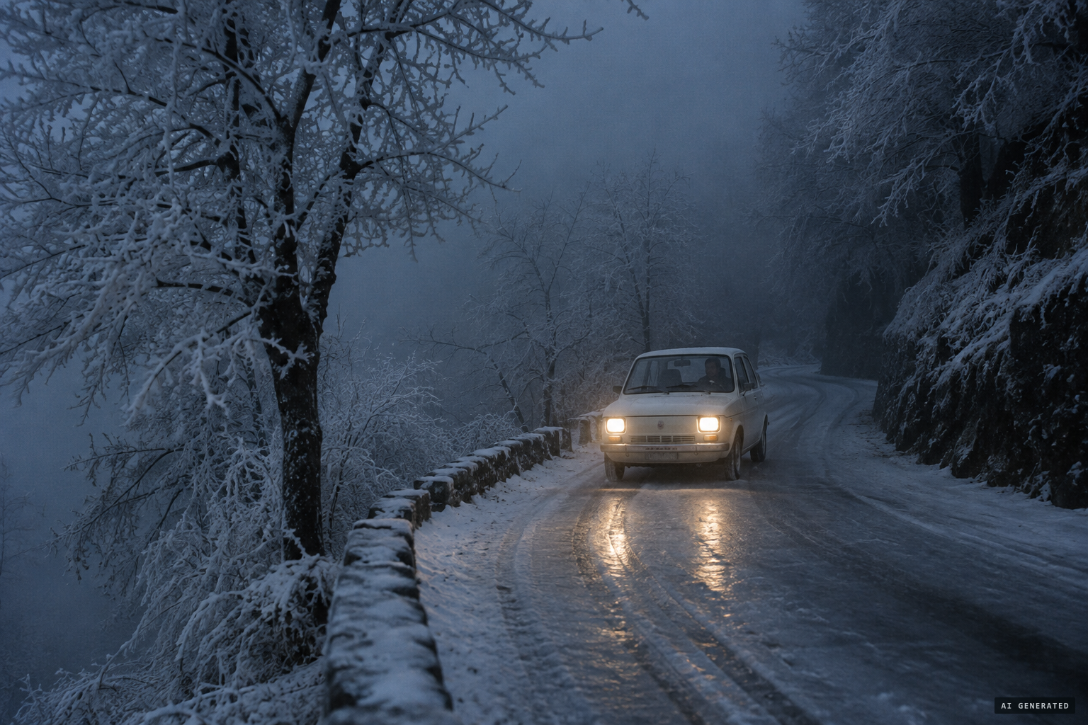 A night watchman's rounds on the icy, fog-bound roads around Torriglia, winter 1978