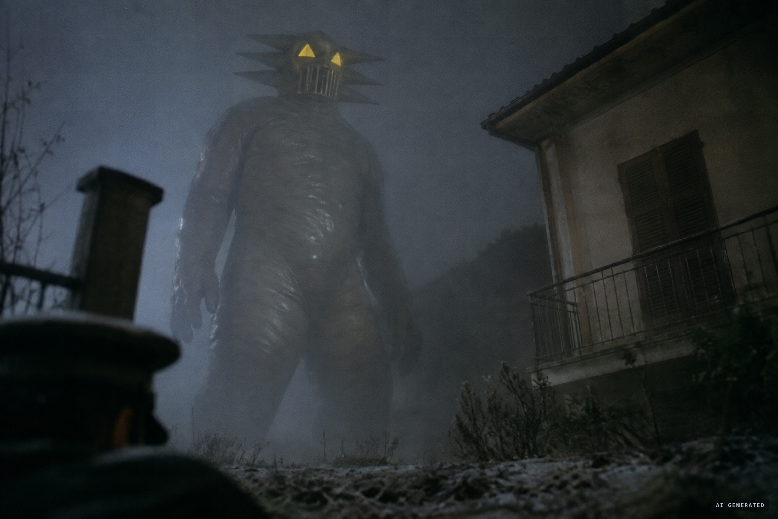 An enormous grey being, three metres tall, with glowing yellow triangular eyes