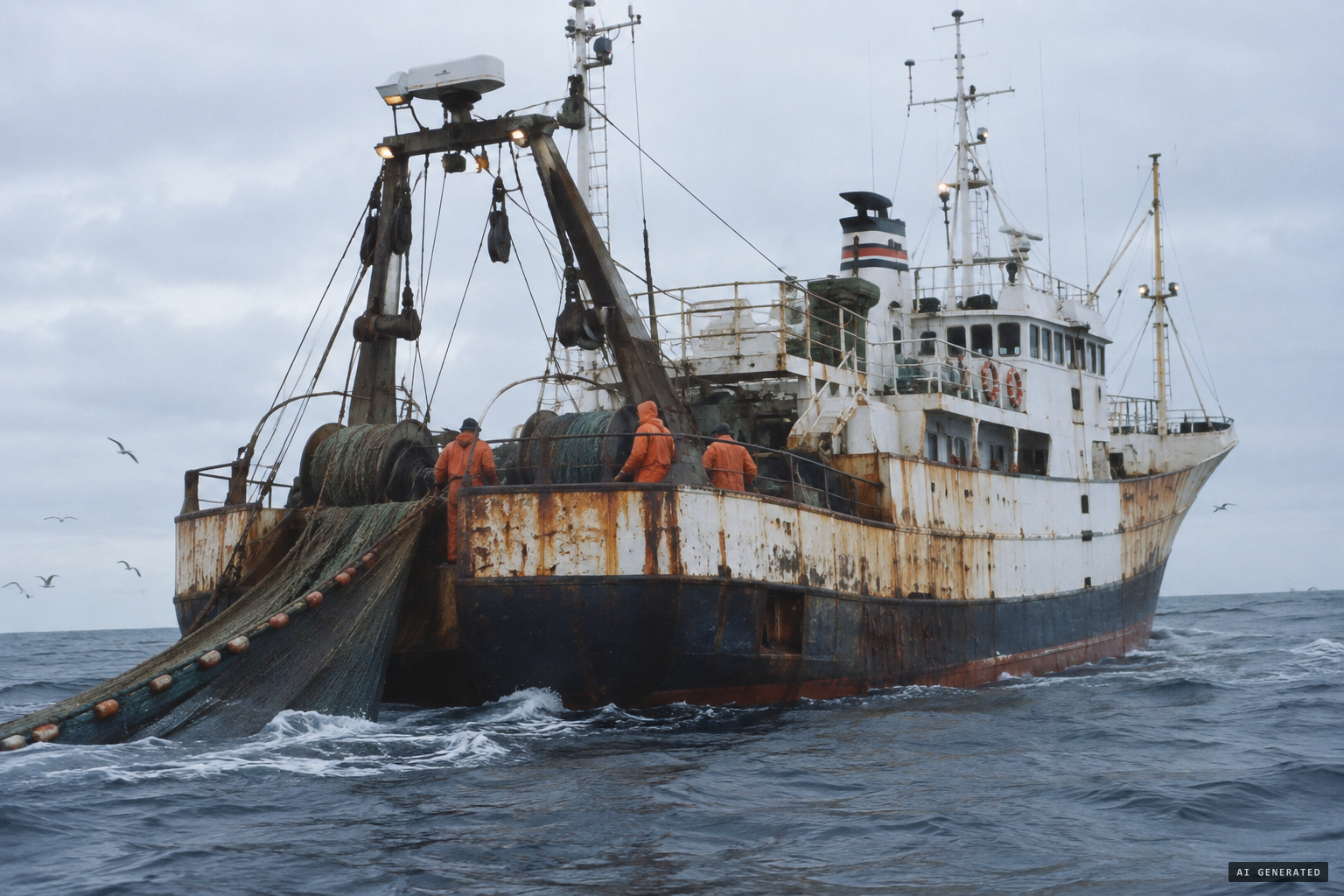 The trawler Zuiyō Maru fishing for mackerel east of Christchurch, April 1977