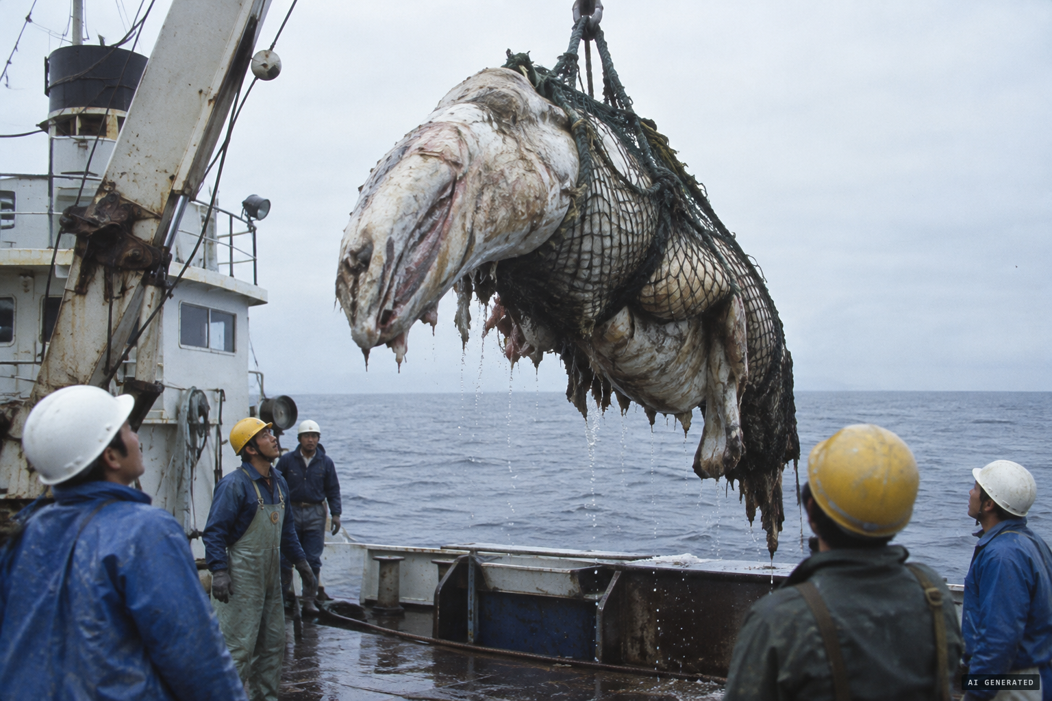 Something huge comes up in the nets and is hoisted above the deck