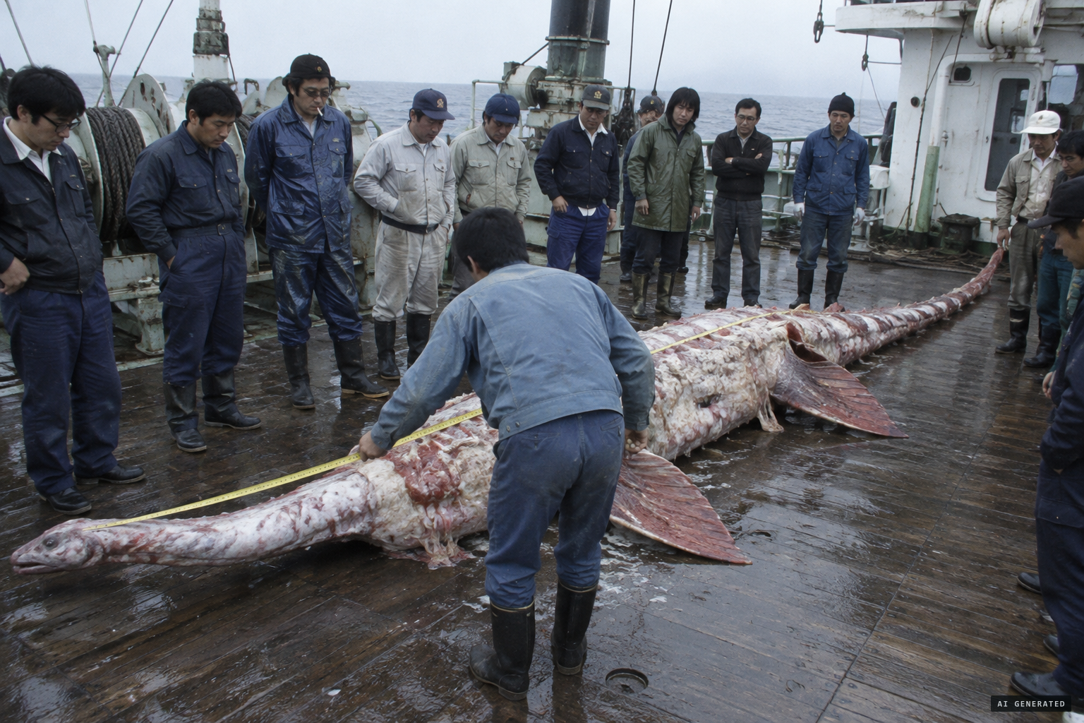 Yano measures the 10-metre carcass while the crew look on