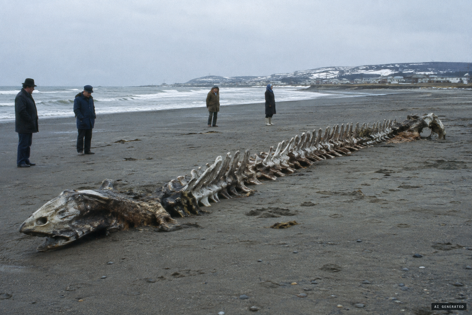 A decomposed basking shark stranded at Nemuro looks strikingly like a plesiosaur